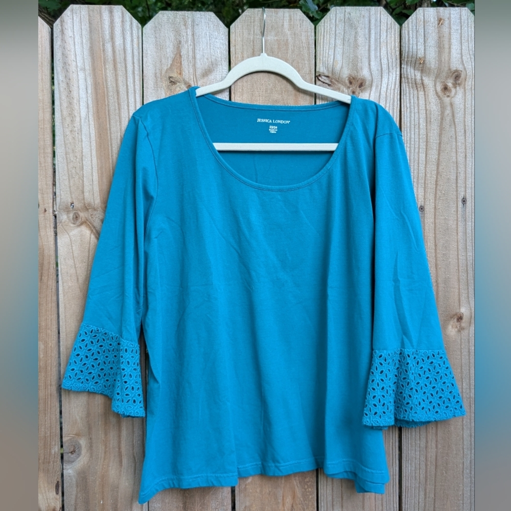 Jessica London Plus Size Teal Blue Blouse Eyelet Bell Sleeves
